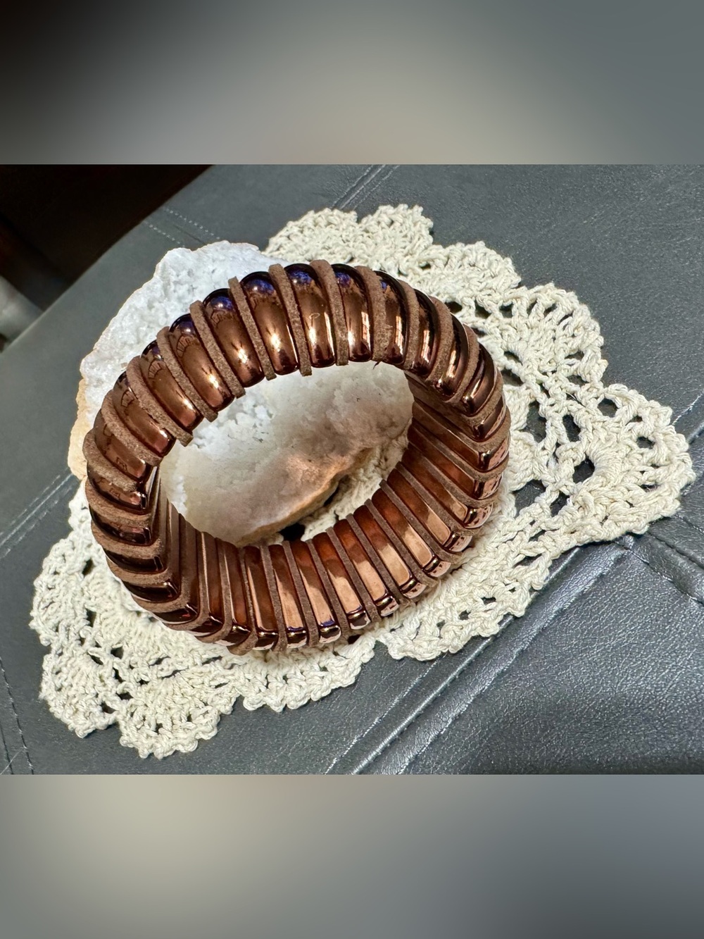 Copper-Tone Bead and Leather Faux Stretch Bangle Bracelet